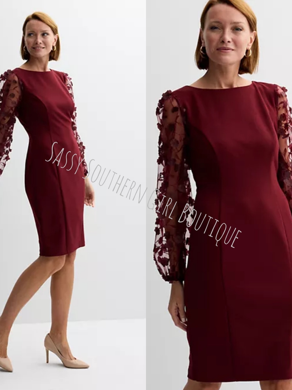🆕⭐Wine Red Midi Dress with Sheer Floral Sleeves